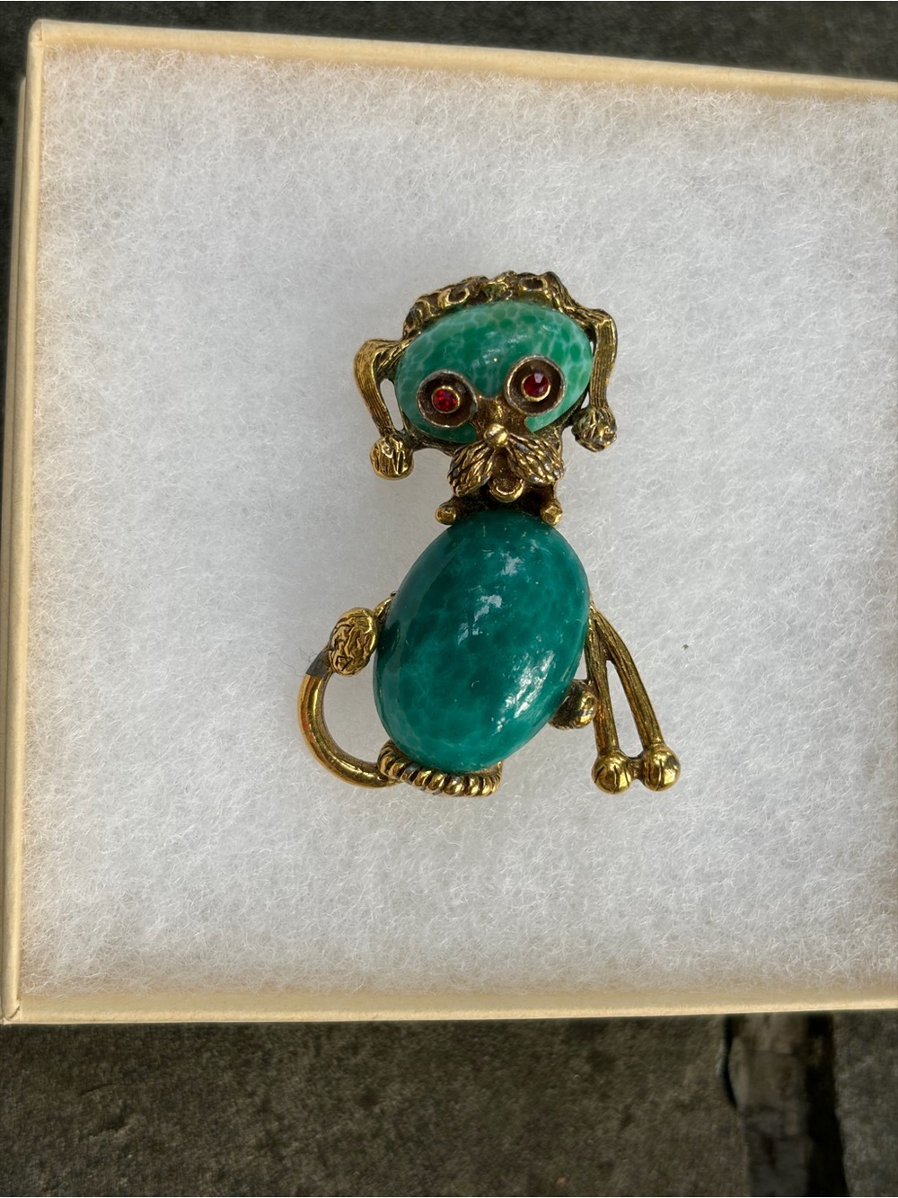 French Poodle Dog Brooch Pin Figural Simulated Green Jade Cabochon Gold Tone VTG